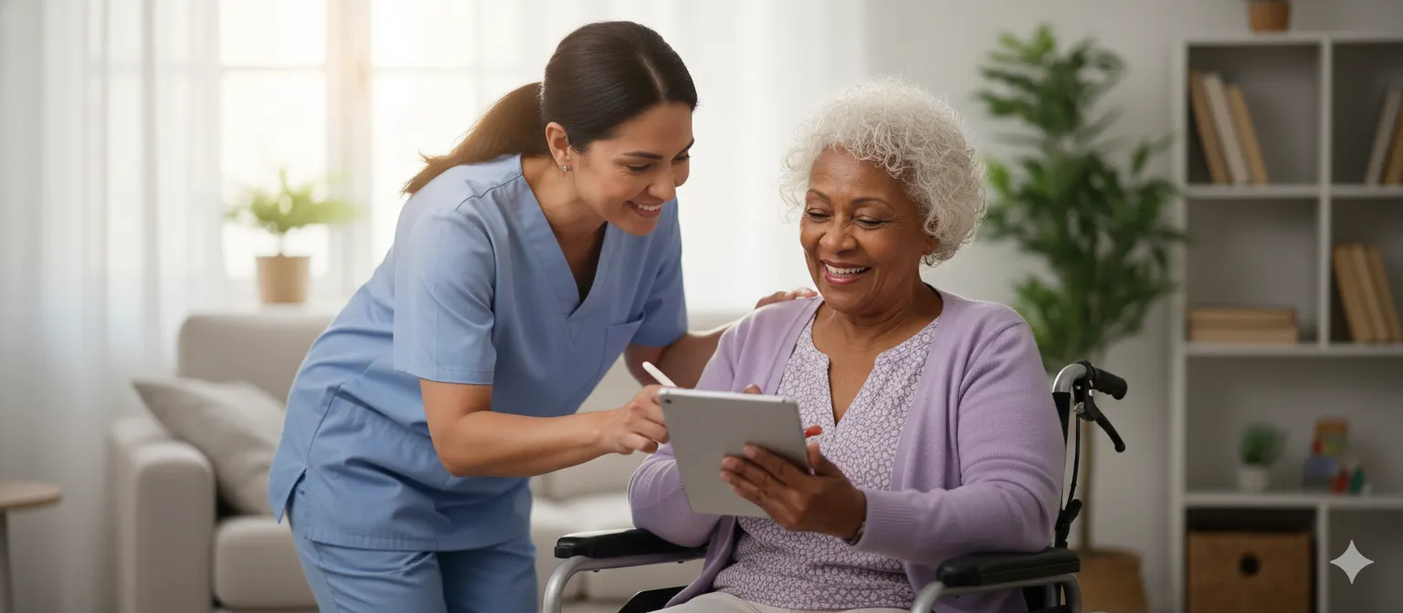 A caregiver and resident smiling together over a tablet at a senior living community